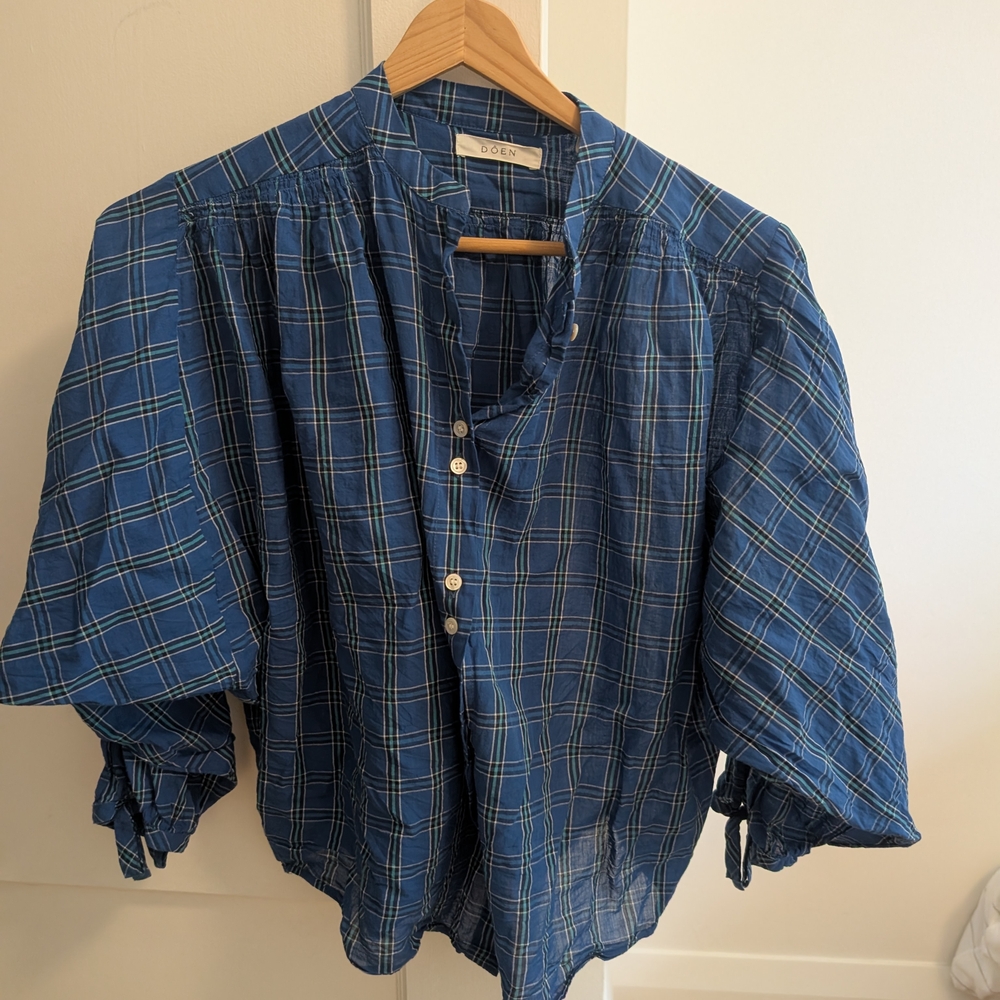 Doen Blue Plaid Rose Blouse